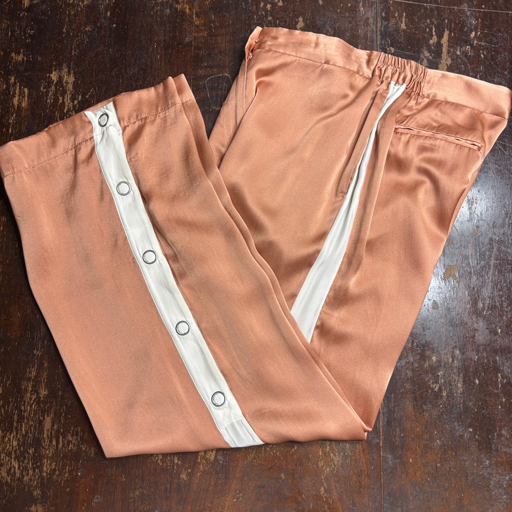 Equipment High Waisted Track Pants 100% Silk Snap down White Stripe